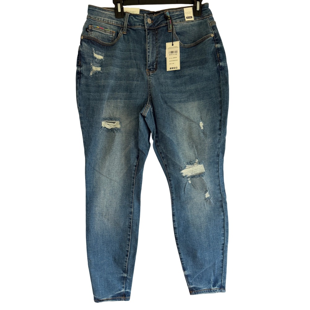 Judy Blue High Waist Skinny Jeans Medium Wash Distressed Rainbow 14W JB88286